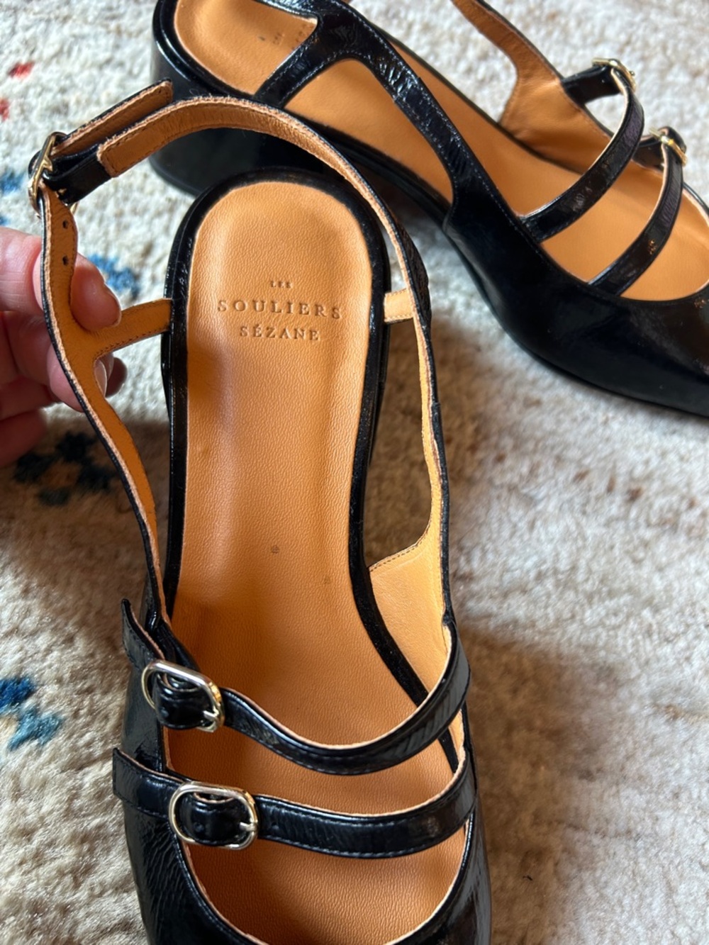 Sezane Paula Babies Black Double-Strap Patent Leather Slingback Heels Sz 37, 6US - Picture 5 of 8